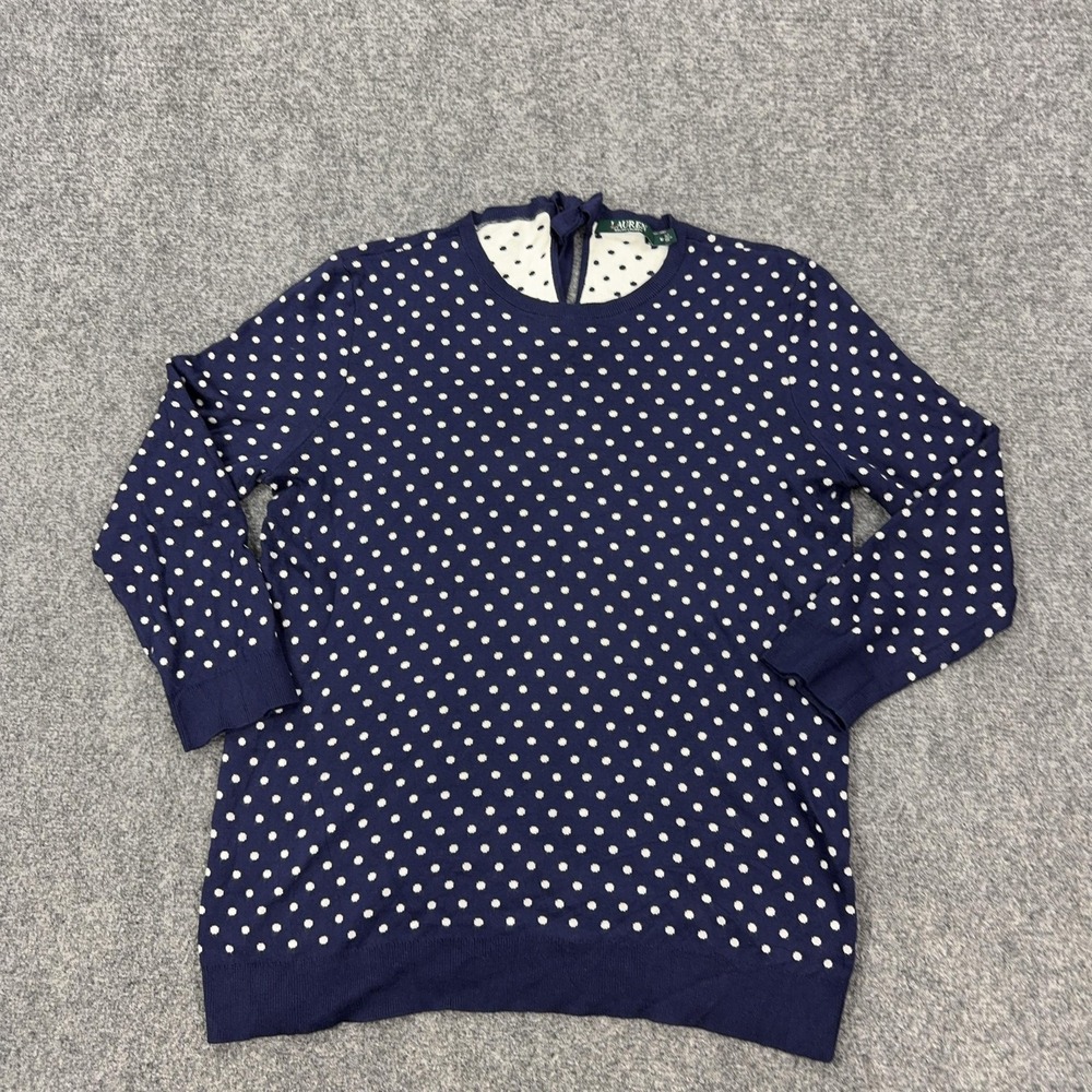 Lauren Ralph Lauren Sweater Womens Medium Blue Polka Dot Crewneck Bow Back Knit